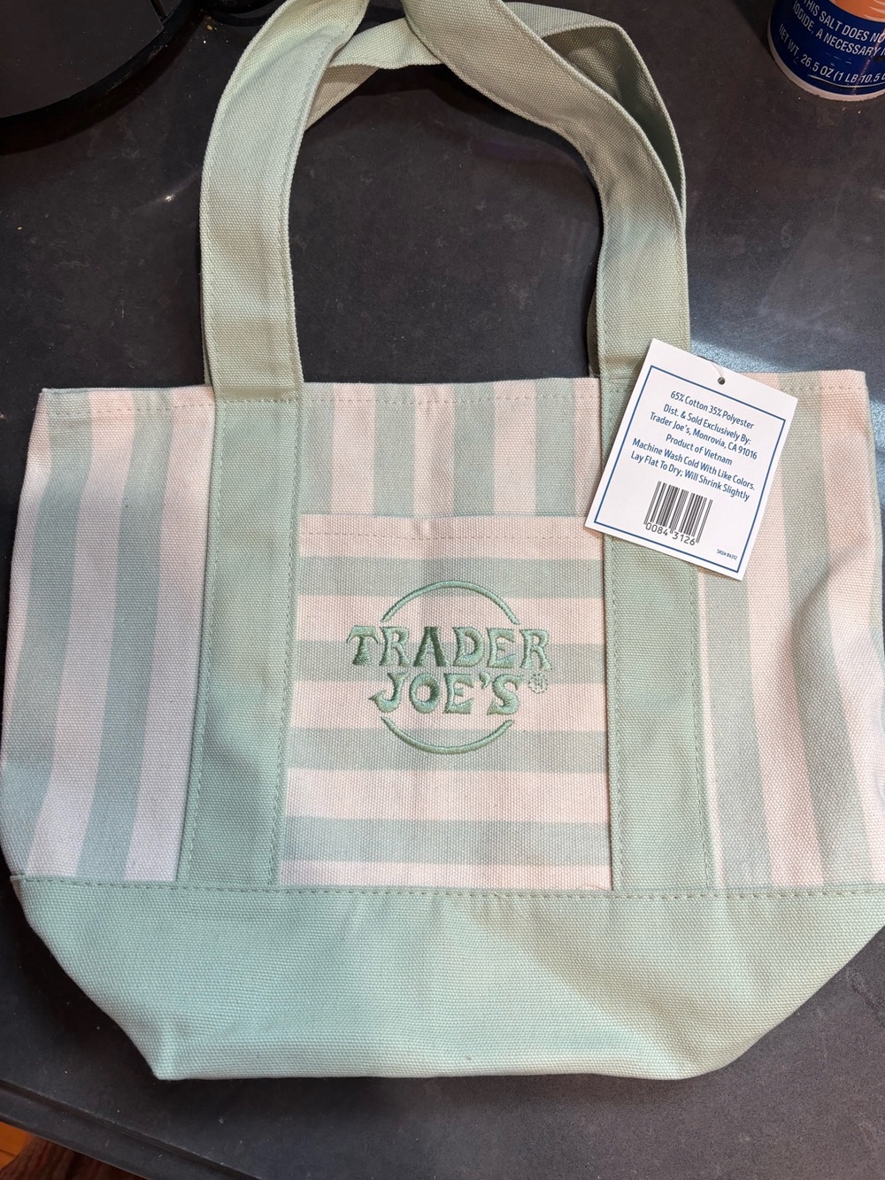 Trader Joe’s Mint Green & Cream Striped Canvas Tote - NWT